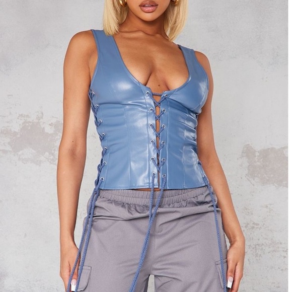 PrettyLittleThing Tops - PrettyLittleThing PETROL BLUE FAUX LEATHER LACE UP TOP
